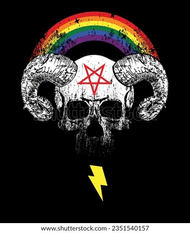 T-shirt design of a devilish skull with horns, a rainbow and the symbol of thunderbolt. Vector illustration for satanic poster.