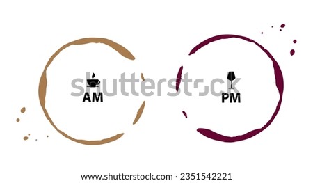AM PM Icon, Morning Coffee Time, Evening Wine Time Symbol, Fun Daily Schedule, Coffee Wine Stains, Day and Night Sign, AM PM Vector Illustration Royalty-Free Stock Photo #2351542221