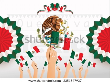 Mexican vector, September 15 mexican holidays, hands waving flag of mexico, multiple positions, mexican texture, flags, tricolor, red, white and green, eagle with snake. Royalty-Free Stock Photo #2351547937
