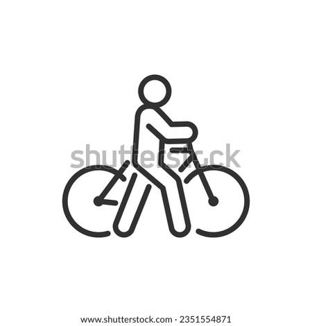 Carrying a bicycle in his hands, linear icon, dismounts before a road crossing. A man on foot leading a bicycle. Line with editable stroke