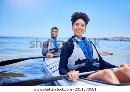Water, man and woman in kayak for race at lake, beach or river for exercise in sports at sea. Ocean holiday, adventure and fitness, happy couple with smile rowing in canoe for training or challenge.