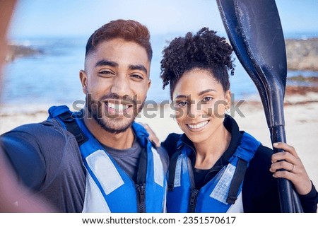 Selfie, kayak and couple with a smile, beach and summer vacation with memory, post and social media. Portrait, people and man with woman, water sports and picture with ocean, training and holiday