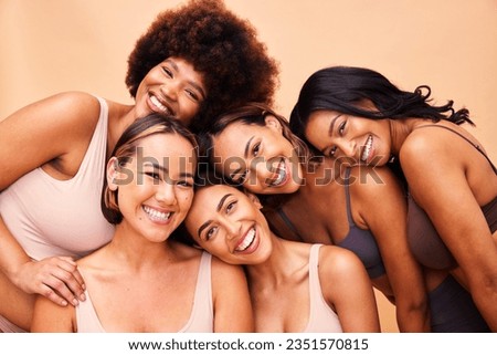 Beauty, diversity and portrait of women happy with makeup for cosmetic skincare isolated in studio brown background. Skin, aesthetic and young friends together for self care, dermatology and support Royalty-Free Stock Photo #2351570815