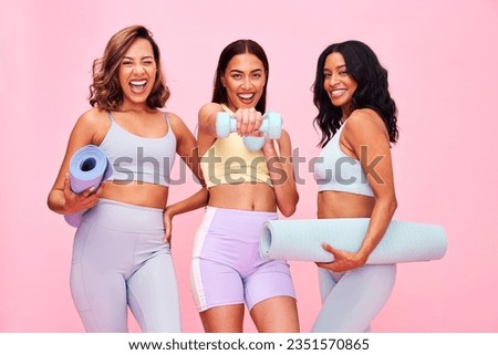 Portrait, group and women with fitness, smile and pilates training on a pink studio background. Funny, girls and friends with exercise, self care and health with wellness, meditation and yoga mat Royalty-Free Stock Photo #2351570865