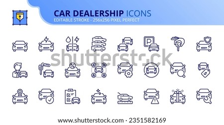 Line icons about car dealership. Contains such icons as sales, renting, comparatives, vehicle features and maintenance. Editable stroke Vector 256x256 pixel perfect