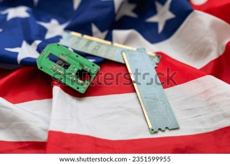 America flag on green circuit board background close up