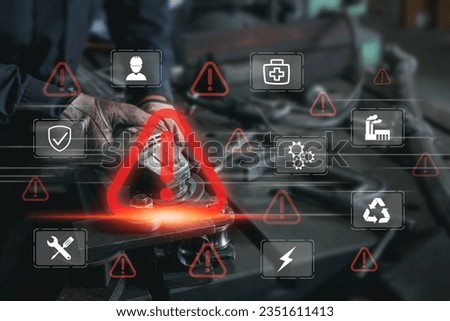 Work safety and prevention of hazards caused by industry work concept, Safety sign icon on virtual screen and protection insurance and worker hard work unsafe situation in background