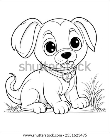 A coloring image of a cute dog with shiny eyes, soft fur, and a cheerful expression, ready to be filled with vibrant colors.