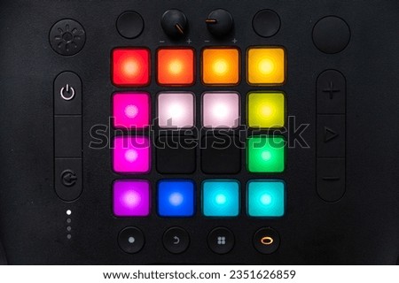 Close up view of professional studio sound recording device with colorful buttons