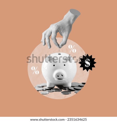 Piggy coins, saving, money, hand with coin, man saving, savings with interest, thrown coins, piggy bank, young people saving, adults saving, piggy bank, concept, collage art, photo collage
