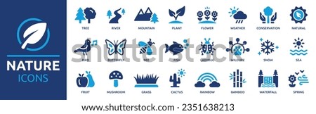 Nature icon set. Containing river, mountain, plant, tree, flower, weather, wildlife, bird, butterfly, fish and bee icons. Solid icon collection. Vector illustration.