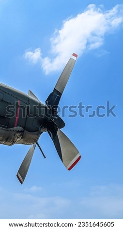 Unused military aircraft turboprop engine with blue sky background, taken at 22 August 2023