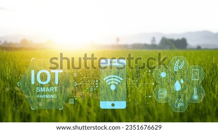 IoT with Smart farming , Growing rice farming with Infographics Smart agriculture and precision agriculture industry with modern technology for develop his farm to improved productivity in the future. Royalty-Free Stock Photo #2351676629