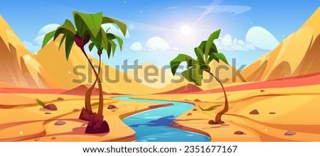 Oasis in desert covered with sand, hills, with river and palm trees on banks over sunny sky with clouds. Cartoon vector illustration of water stream flowing in hot drought southern landscape. Royalty-Free Stock Photo #2351677167