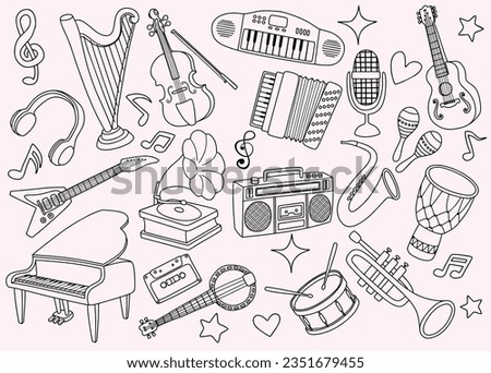 Doodles of music instrument. Freehand vector drawing isolated on white background. devices and symbols. 
