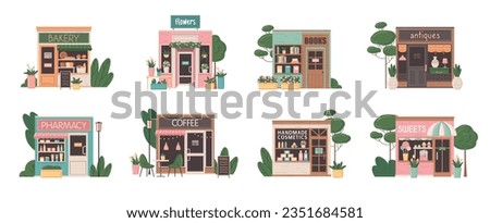 Small business facades flat set with bakery pharmacy flower books antiques cosmetics sweets coffee shops isolated vector illustration Royalty-Free Stock Photo #2351684581