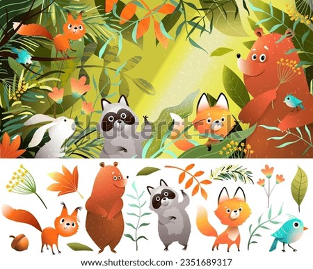 Wild animals in the forest, wildlife cartoon for kids. Animals isolated clip art and colorful nature background for children events. Hand drawn animals vector illustration in watercolor style.