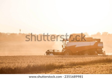 Agricultural machinery. Agricultural industry. The combine harvester removes  ears of ripe wheat against the background of a ripening field. The concept of planting and harvesting a rich harvest