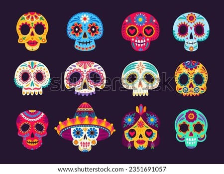 Calavera sugar skulls. Mexican dia de los muertos day of the dead holiday skulls. Cartoon vector set of male and female craniums with floral pattern. Traditional calaca heads for Death celebration Royalty-Free Stock Photo #2351691057