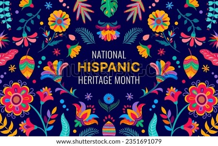 National hispanic heritage month banner with tropical flowers. Vector flyer with floral pattern, captivating ethnic bloom ornament showcasing the rich culture and contributions of hispanic communities Royalty-Free Stock Photo #2351691079