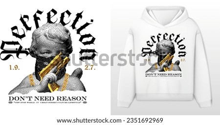 Art design of urban fusion, white hoodie and template, urban design that blends contrasting elements in 8-bit, baby angel sculpture with a bandana and gold chain. text Gothic font, gang art Royalty-Free Stock Photo #2351692969