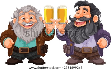 Happy country old men with beards and mustaches celebrating with pints of beer