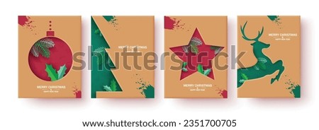 Christmas brown tags vector poster set design. Merry christmas and happy new year greeting text in brown color lay out collection card. Vector illustration tags and sticker in paper cut.
