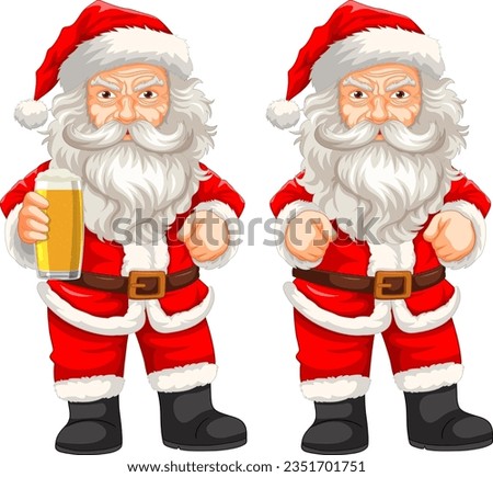 A creepy old man dressed as Santa Claus holding a pint of beer