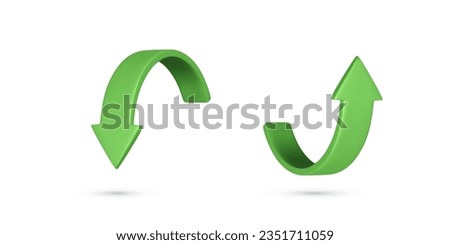 3D curved arrow. Realistic green arrow up and down icons. Vector illustration isolated on white background