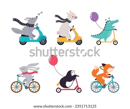 Cute Animal Riding Bicycle and Scooter Vector Illustration Set