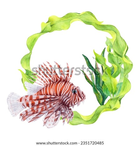 Watercolor drawing circle frame from curved ribbon algae and lionfish isolated on white background. Natural seaweed leaves painted scillfully. Underwater illustration to postcard, print, sticker, logo
