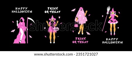 A set of Halloween postcards in pink costumes. Pink girl party. Barbicore, layout, template, banner