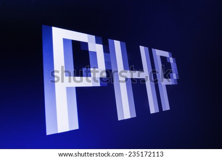 PHP  big title on computer screen and mouse cursor and mouse pointer. Blue background color. Vignette light and dark shadow dramatic effect. 