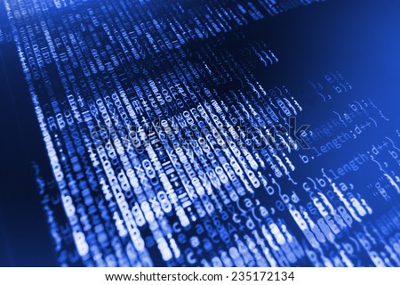 Digital abstract bits data stream, cyber pattern digital background. Blue color.   Vignette light and dark shadow dramatic effect. Gibberish, dummy, lorem ipsum text. Letters, chars, and digits. 
