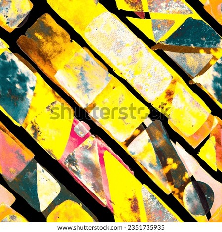 Fun Geometry. Bauhaus Seamless Pattern. Yellow and Black Watercolor Trendy Art. African Geo Brushstroke. Freehand Watercolour Lines. 70s Colour Cubism Illustration. Organic Background.