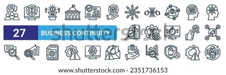 set of 27 outline web business continuity icons such as discussion, precaution, investment, resilience, anticipation, improvement, employment, backup vector thin line icons for web design, mobile Royalty-Free Stock Photo #2351736153