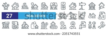 set of 27 outline web real estate icons such as promotions, real estate, promotion, real estate, insurance, contract, location, investment vector thin line icons for web design, mobile app. Royalty-Free Stock Photo #2351743551