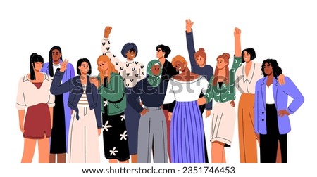 International womens day. Female group support feminists, different happy girls stay together. Equal community and modern multiethnic sisterhood. Flat isolated vector illustration on white background Royalty-Free Stock Photo #2351746453
