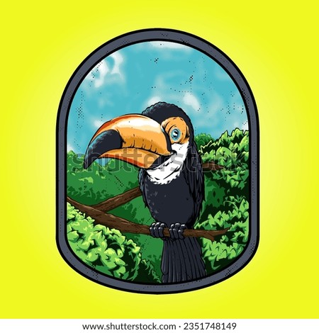 toucan bird badge logo design with handrawn style