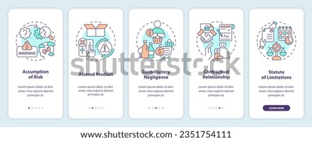 2D icons representing product liability mobile app screen set. Walkthrough 5 steps colorful graphic instructions with line icons concept, UI, UX, GUI template.