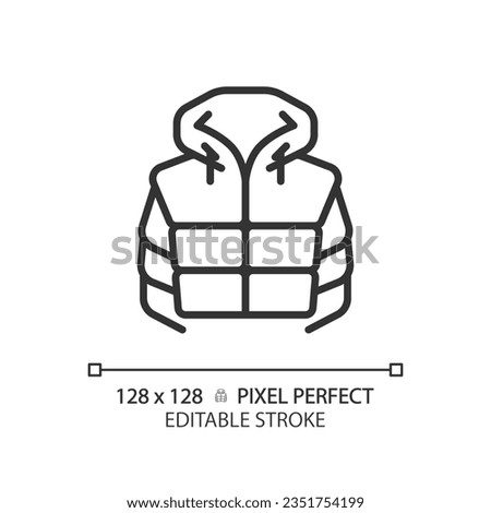 2D pixel perfect black padded jacket icon, isolated vector, editable hiking gear thin line illustration.
