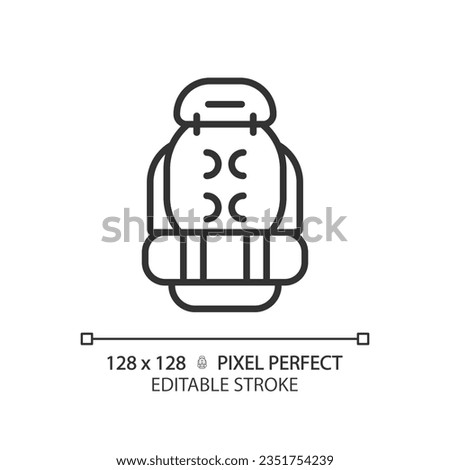2D pixel perfect black backpack icon, isolated vector, editable hiking gear thin line illustration.