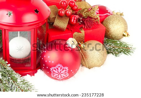 Christmas background with a red lamp and Christmas balls.