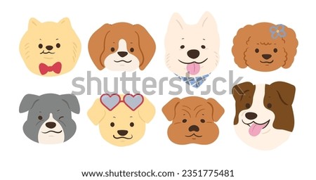 Cute and smile dog heads doodle vector set. Comic happy dog faces character design of labrador, poodle, beagle with flat color isolated on white background. Design illustration for sticker, comic.