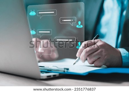 artificial intelligence chat AI robots research content write reports and scripts public relations, conversation assistant, automatic answering machine technology communication. Royalty-Free Stock Photo #2351776837