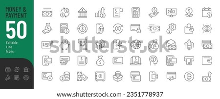 Money and Payment Line Editable Icons set. Vector illustration in modern thin line style of money and finance operations: currency exchange, savings, operations with bank cards. Isolated on white  Royalty-Free Stock Photo #2351778937