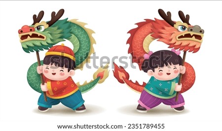 Cute little Chinese boy and girl performing dragon dance on white background