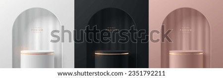 Set of 3D cylinder podium background. Black, silver, pink gold  soft curtain in arch gate. Mockup product display presentation. Minimal wall scene. Stage showcase. Platforms vector geometric design.