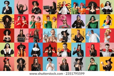 Big collage of people dressed for Halloween on color background
