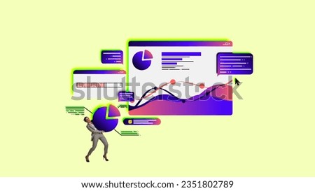 Business woman carrying heavy round graph, working with plans and strategies of company success. Contemporary art collage. Concept of business, analytics, strategies, technologies and innovations